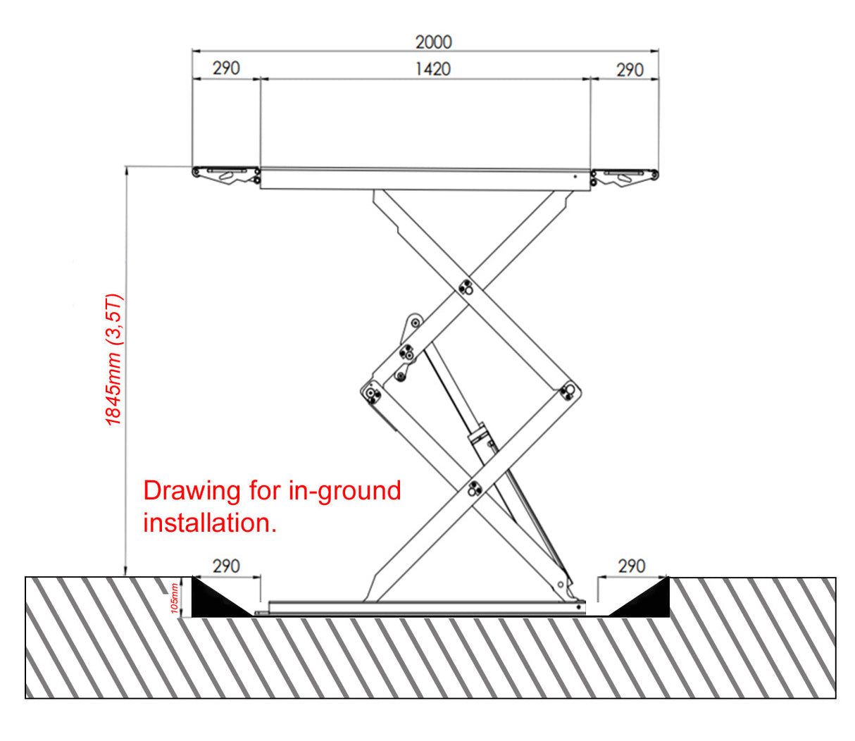 Scissor car lift - Low profile / Floor mounted - 3500 kg. - Euro line (JA3500S-E)